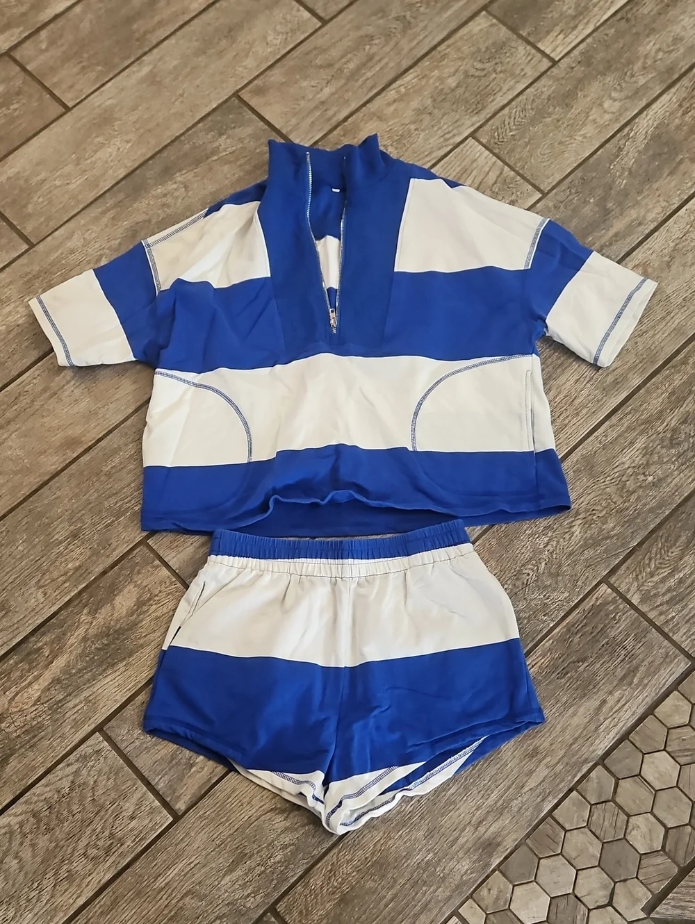 Blue and White Striped Athletic Two-Piece Set
